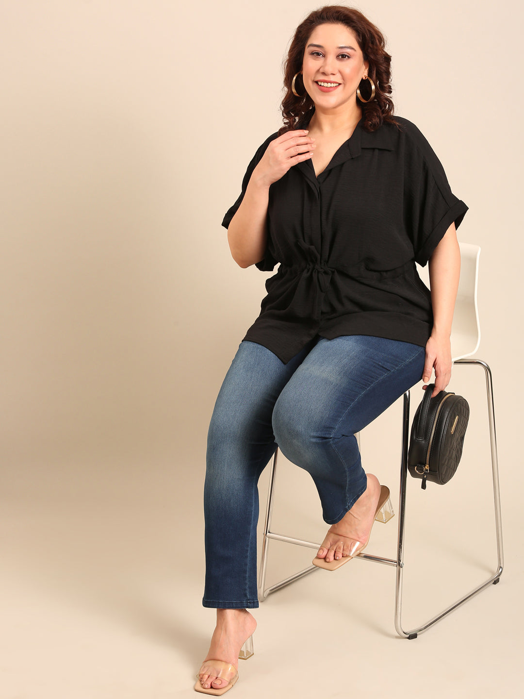 Black Drawstring Shirt & Navy Blue Jeans Co-ord Set (2-Piece)