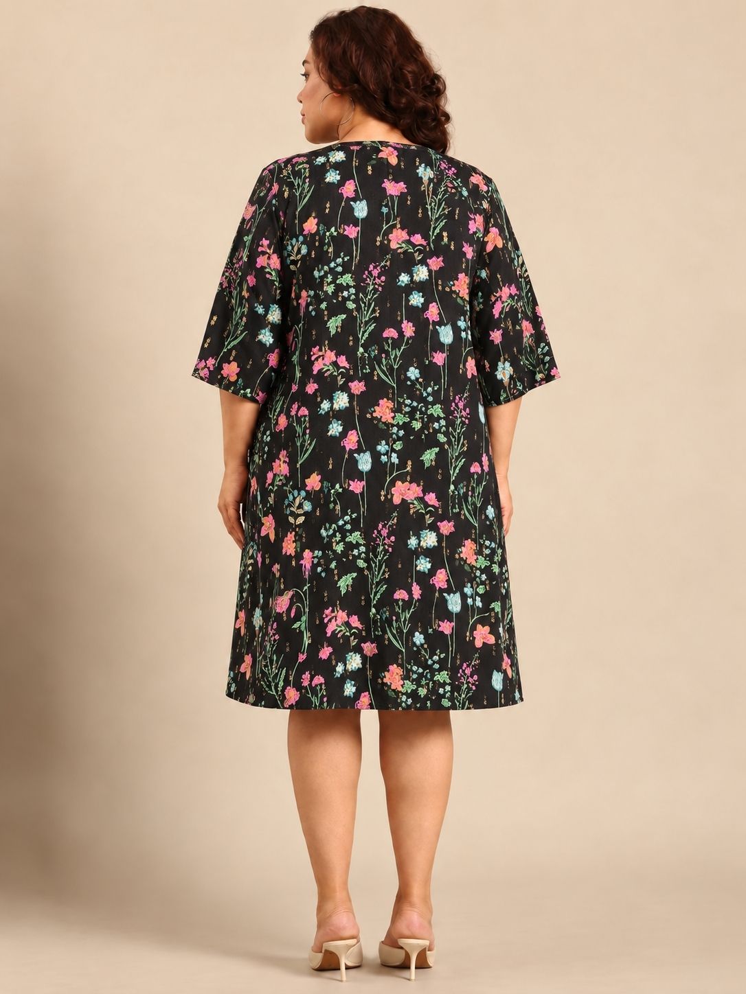 Black Floral Shimmer Dobby A-Line Midi Dress