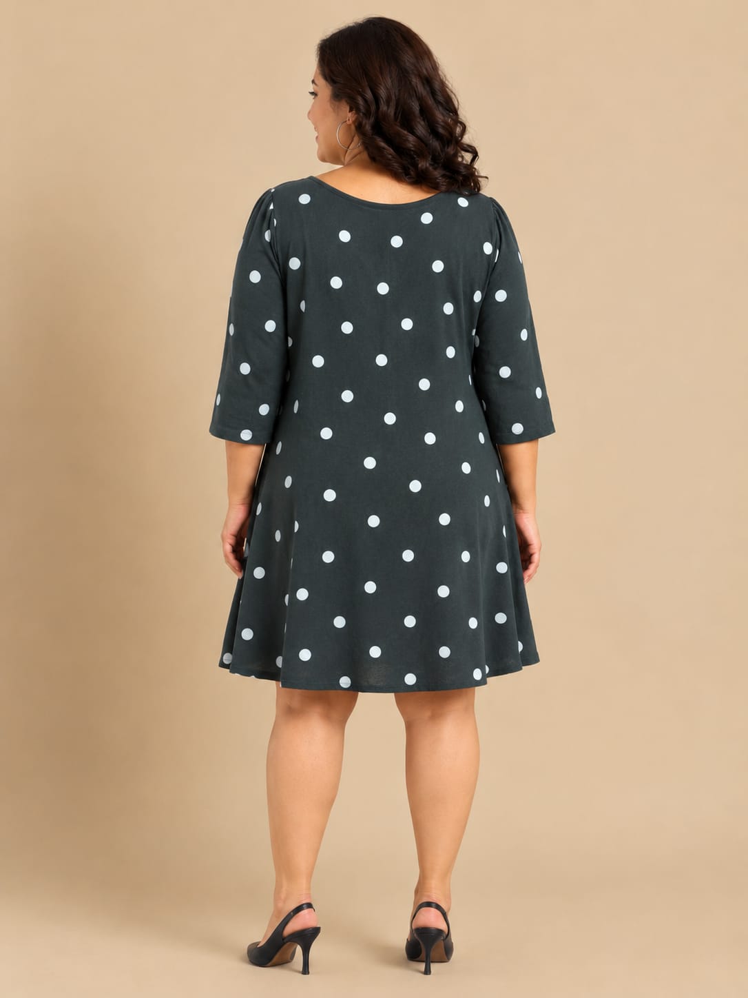 Black Polka-Dot V-Neck Midi Dress