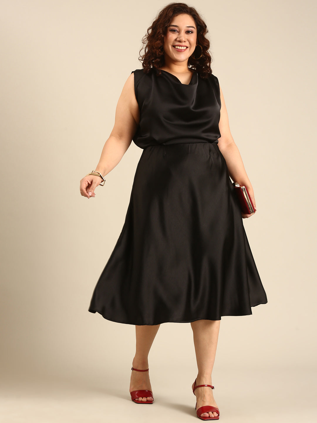 Plus Size Black Satin Flared Skirt | The Pink Moon
