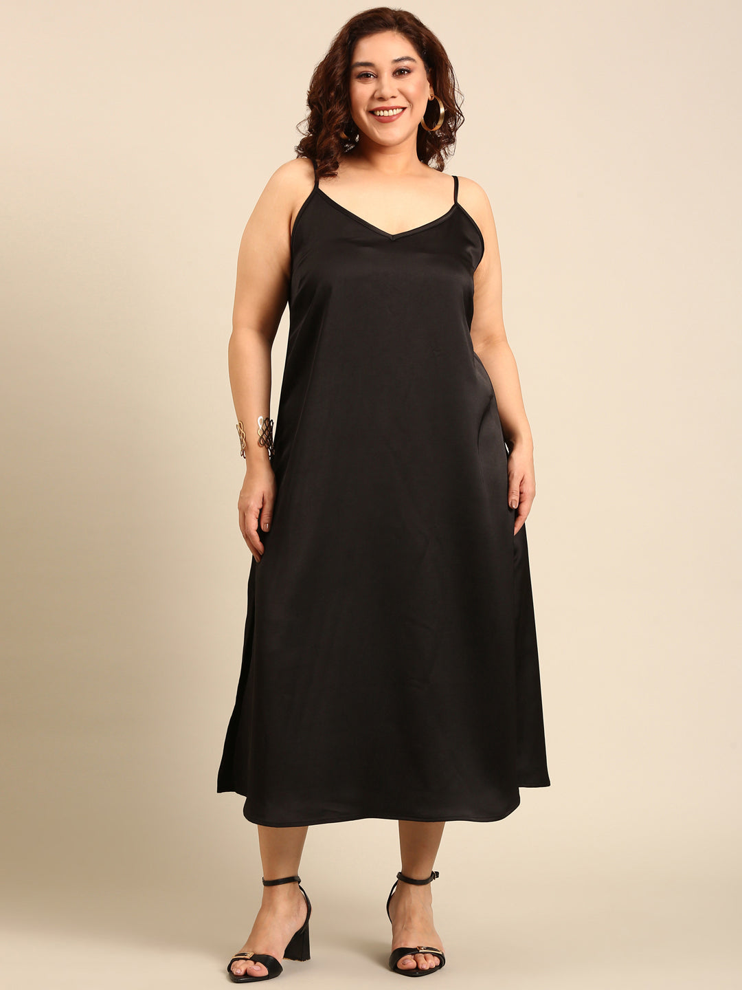 Black Satin V-Neck Strap Dress