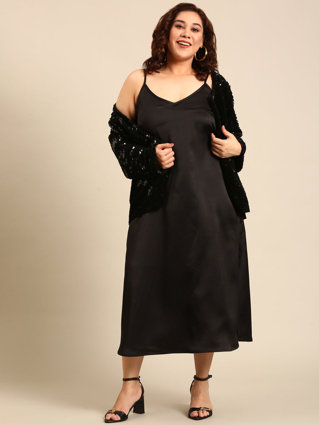 Black Satin V-Neck Strap Dress