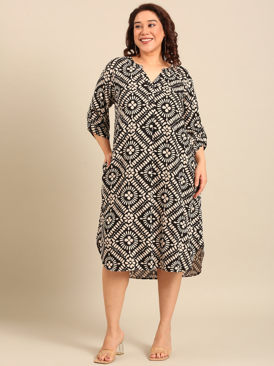 Black Shell Print Midi Dress
