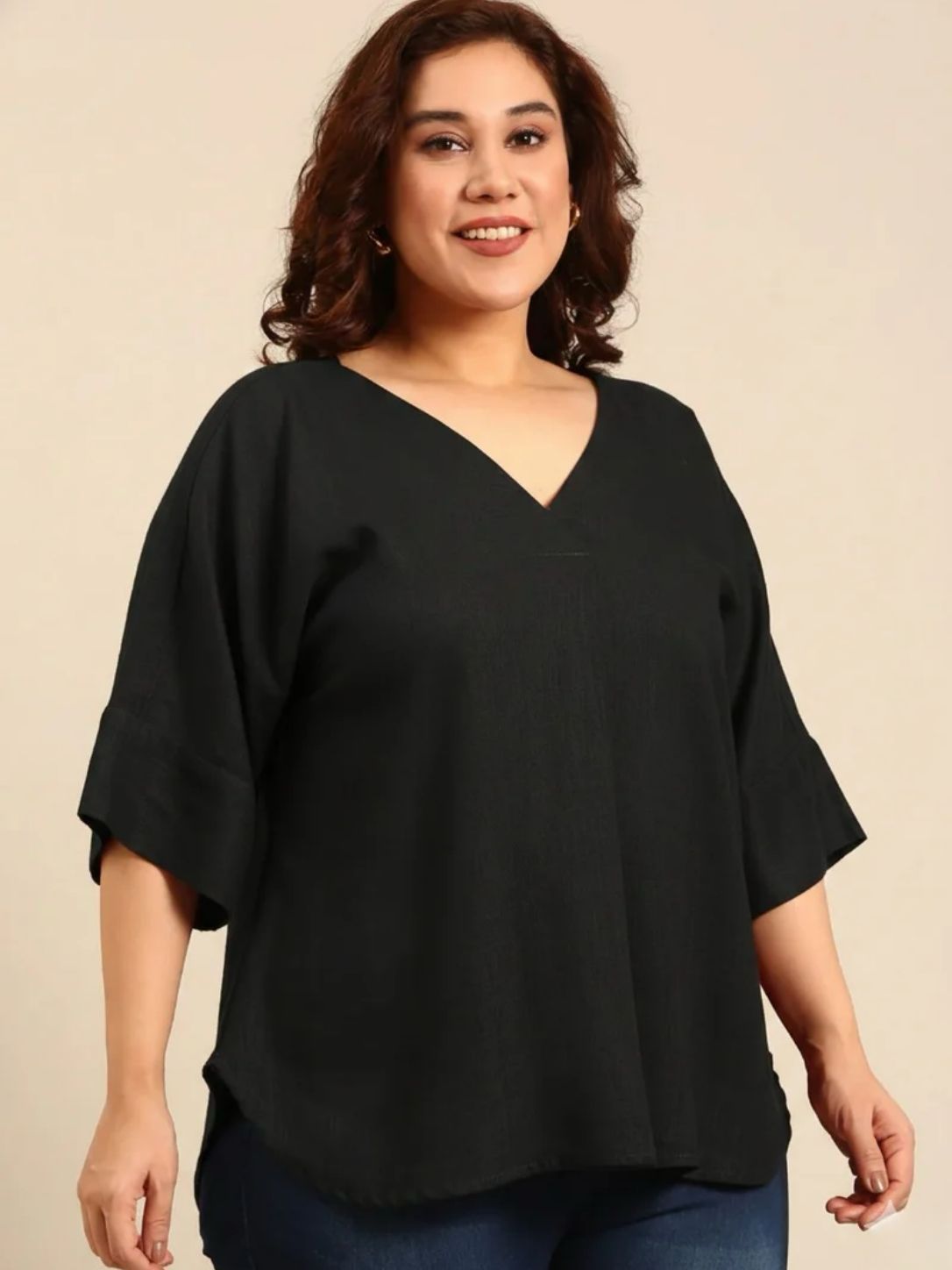 Black V-Neck Drop Shoulder Top