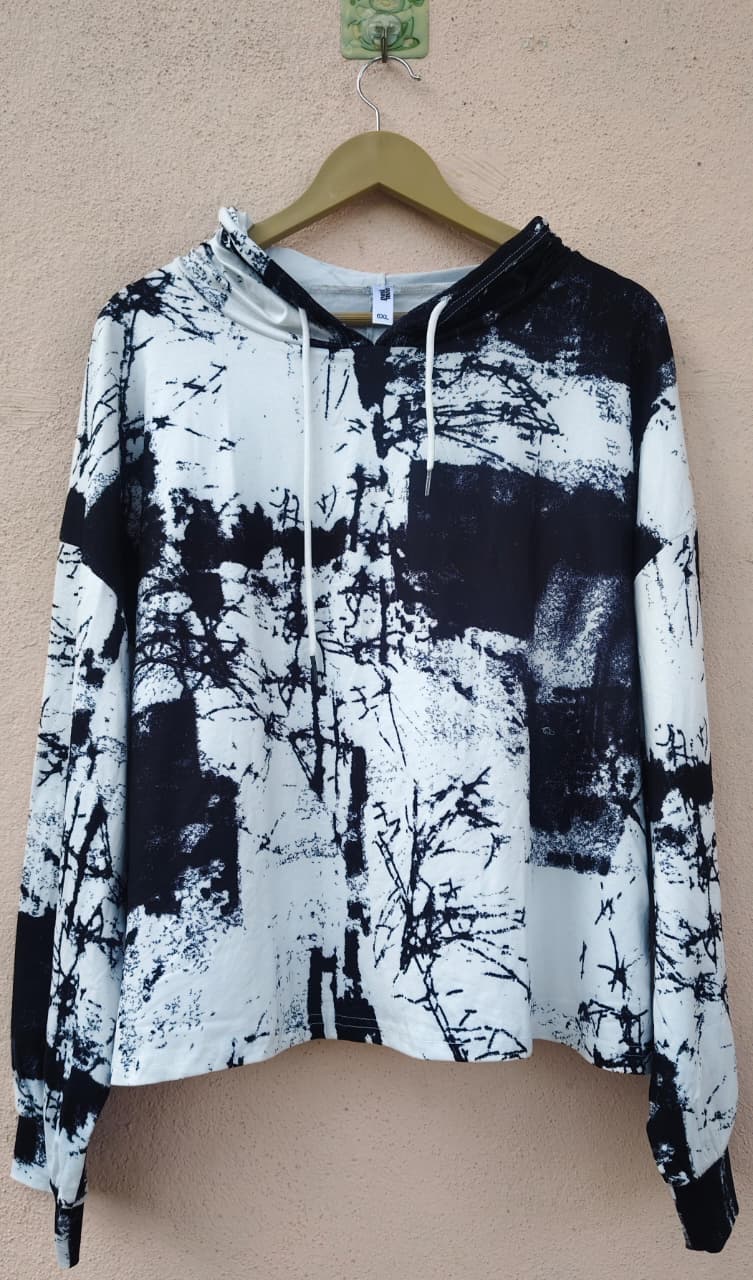 Black & White Abstract Print Hooded Top