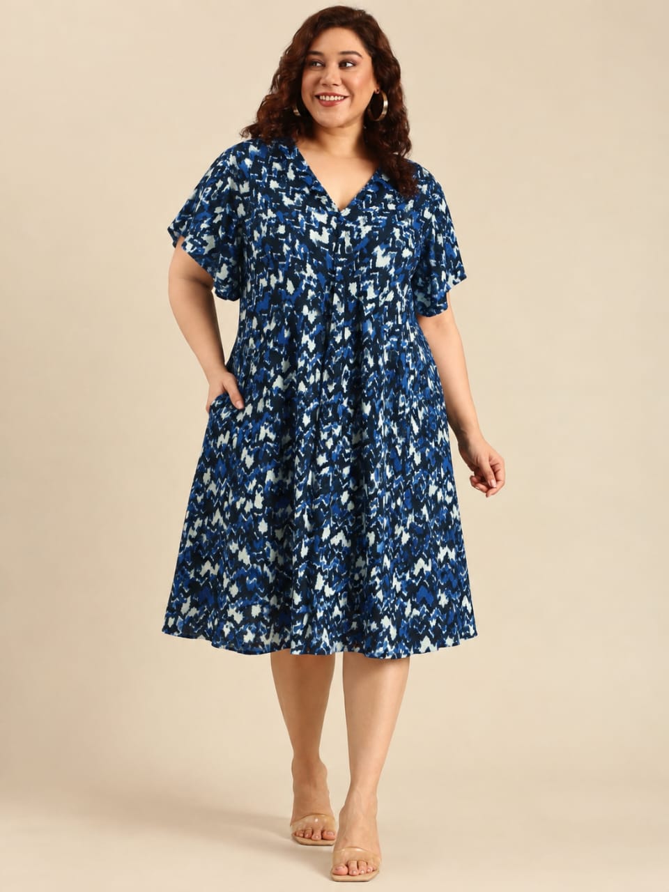 Blue & Black Ikat V-Neck Midi Dress