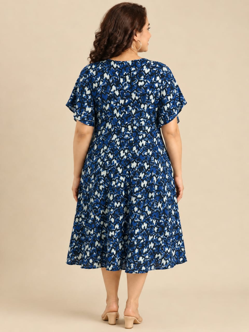 Blue & Black Ikat V-Neck Midi Dress