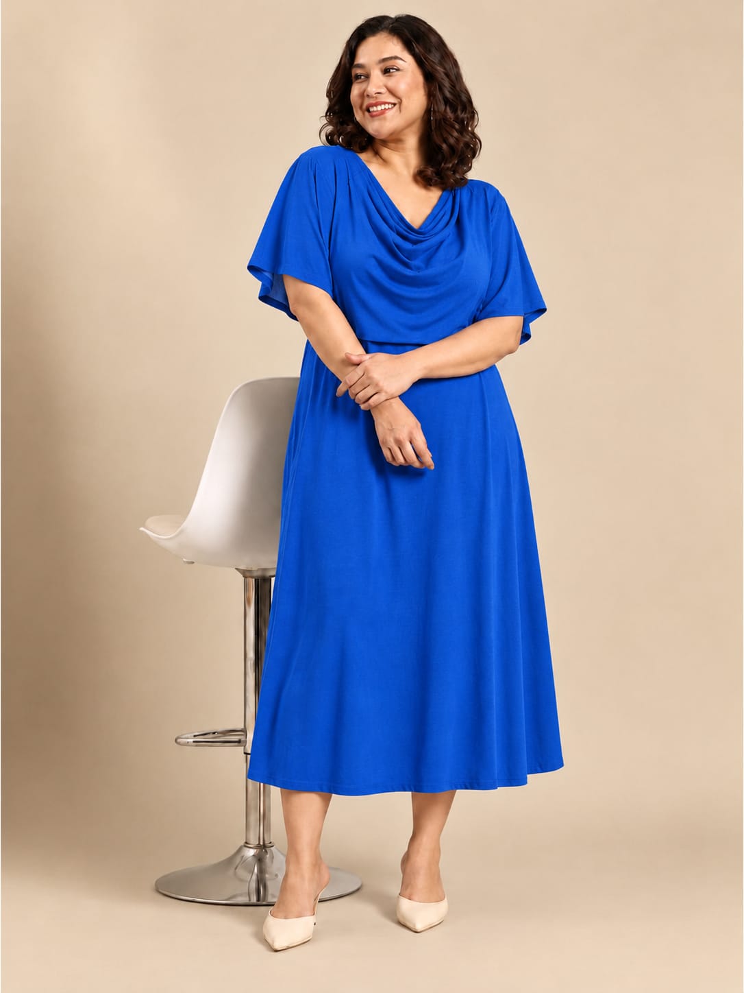 Blue Cowl Neck Midi Dress