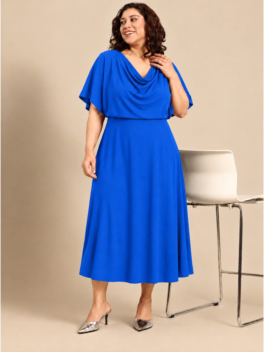 Blue Cowl Neck Midi Dress