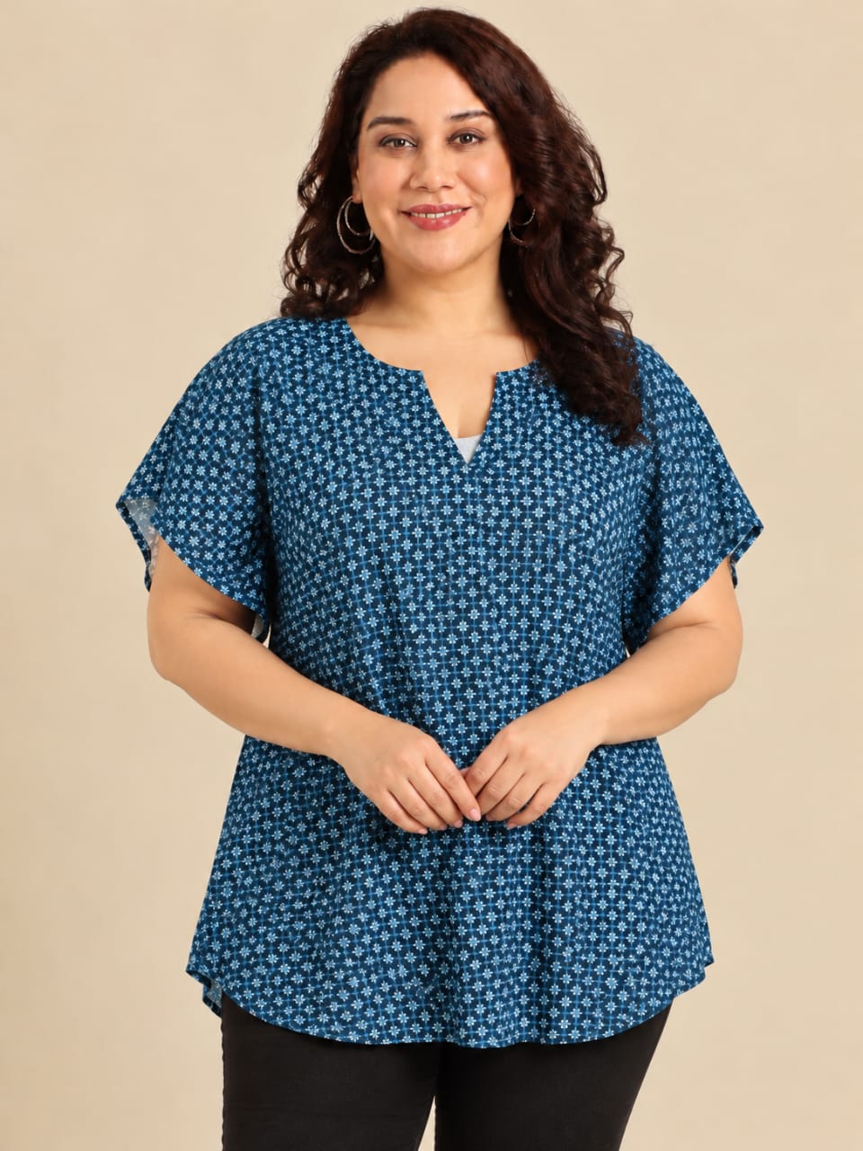 Blue Geometric Print Notch Neck Top
