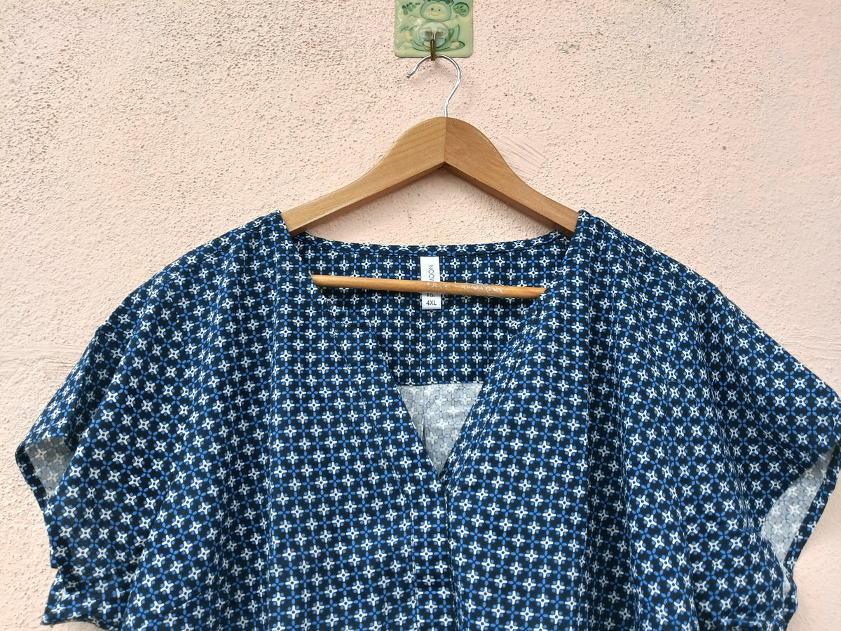 Blue Geometric Print Notch Neck Top