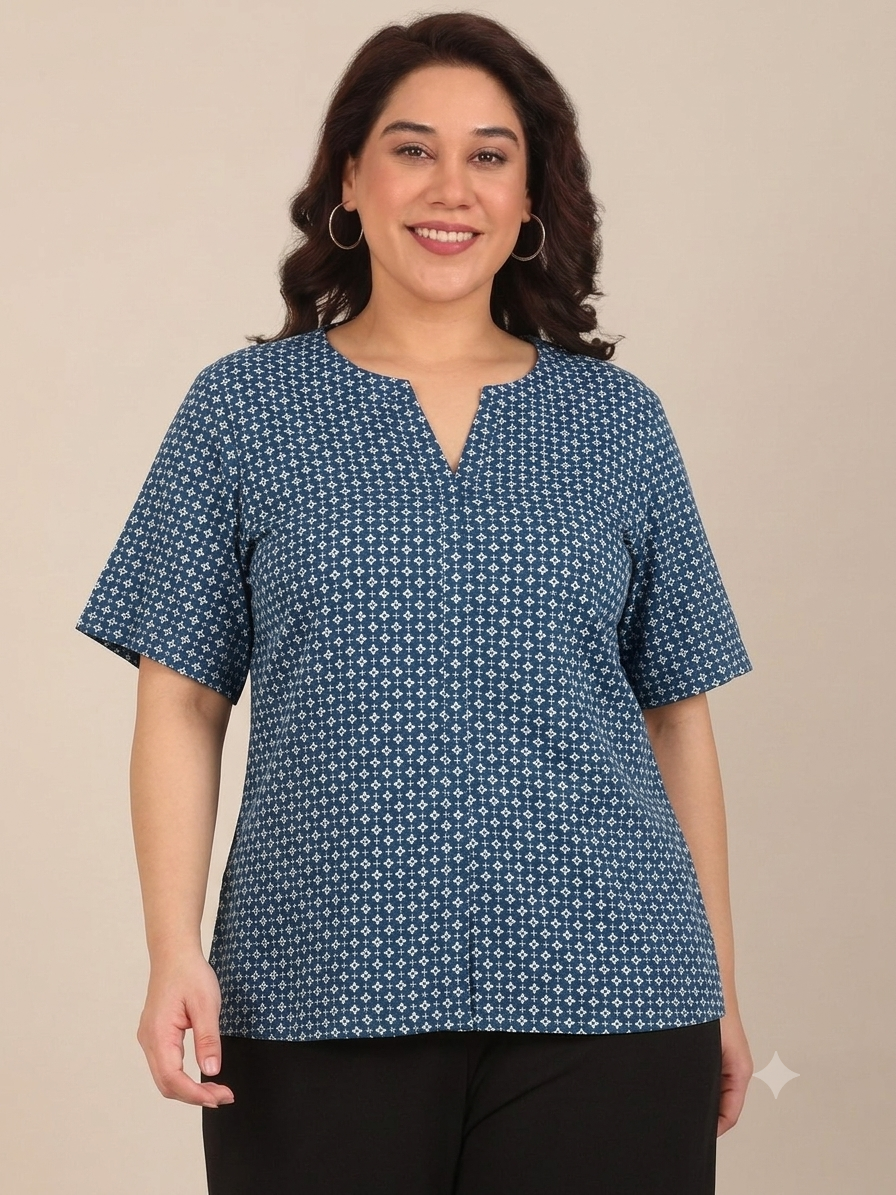 Blue Geometric Print V-Neck Top