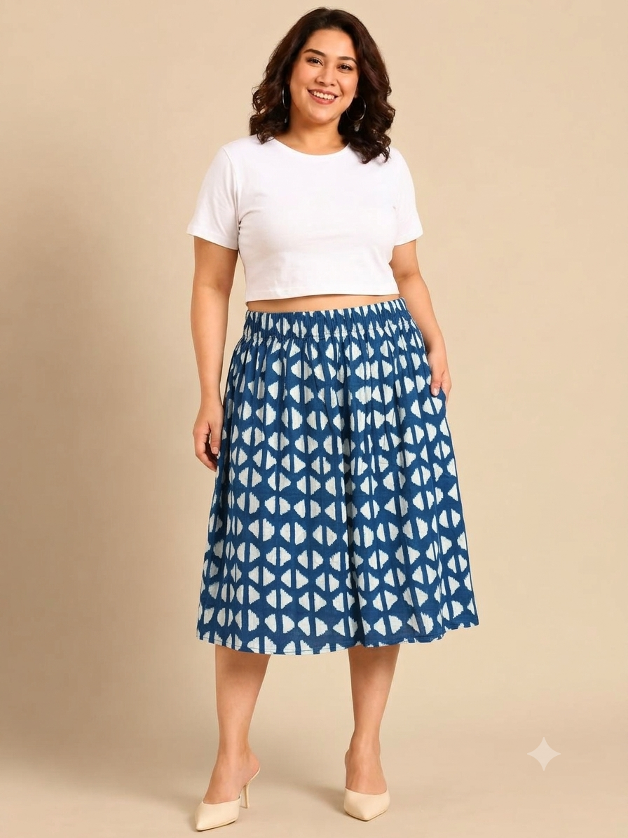 Blue Ikat Print Knee-Length Skirt