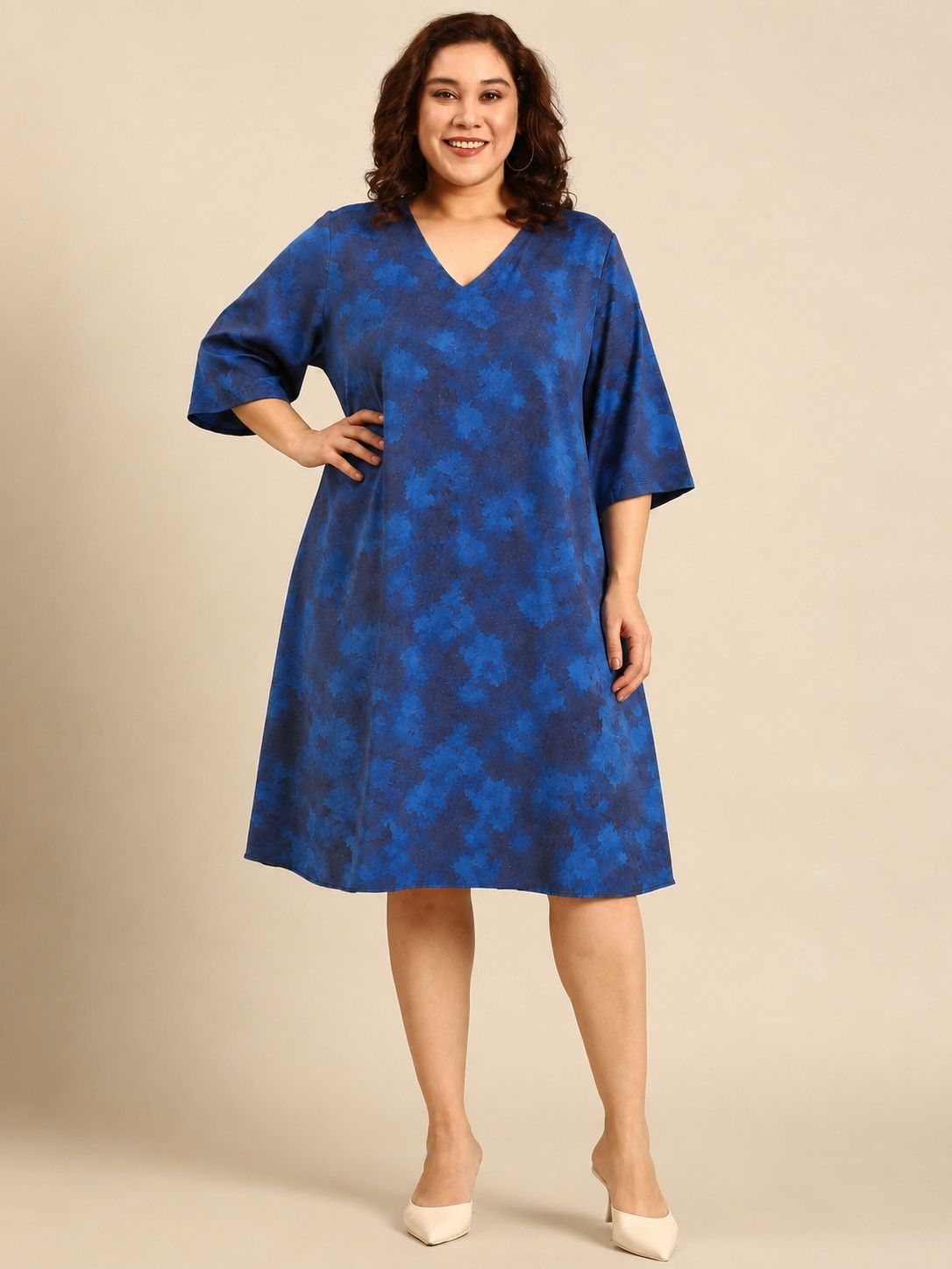 Blue Printed V-Neck A-Line Midi Dress