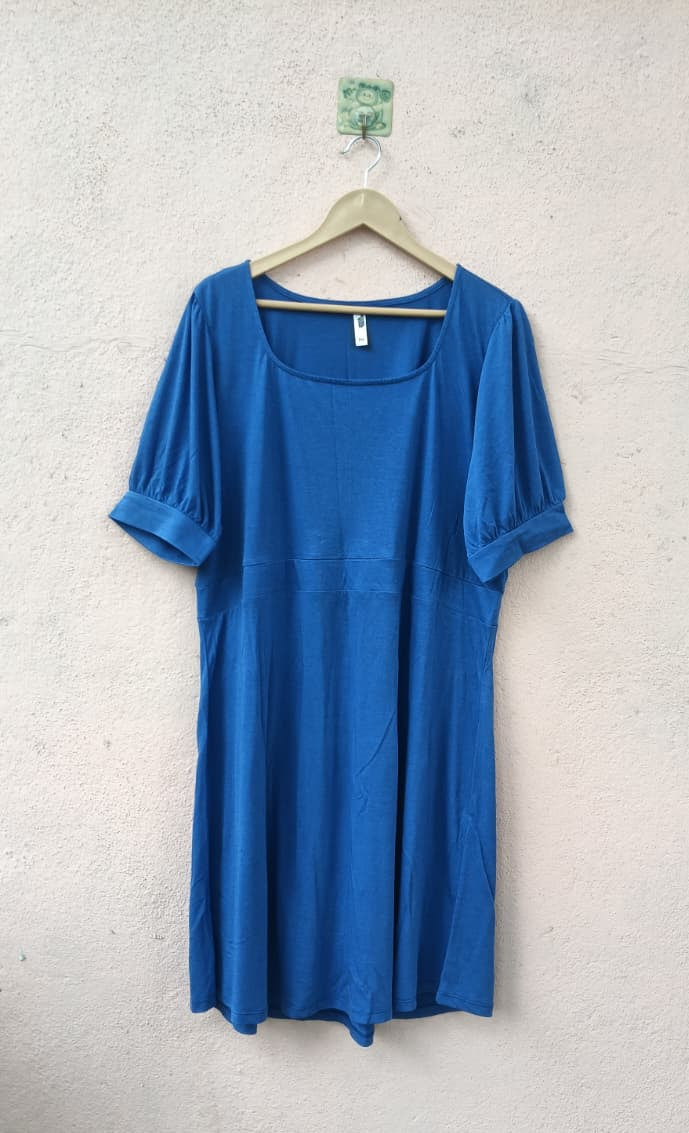 Blue Puff-Sleeves Midi Dress