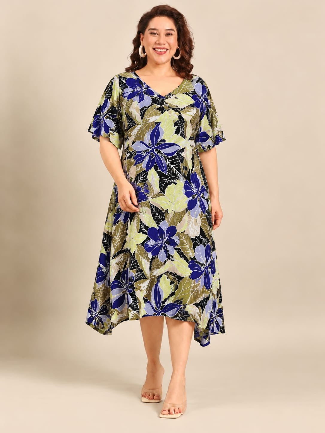 Blue and Olive Floral A-Line Dress