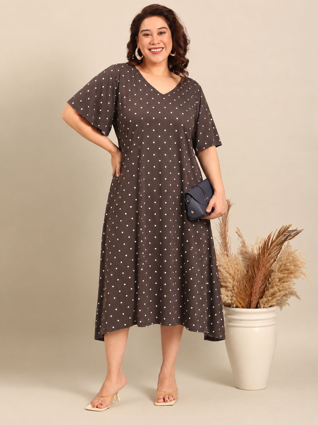 Brown Polka Dot A-Line Dress