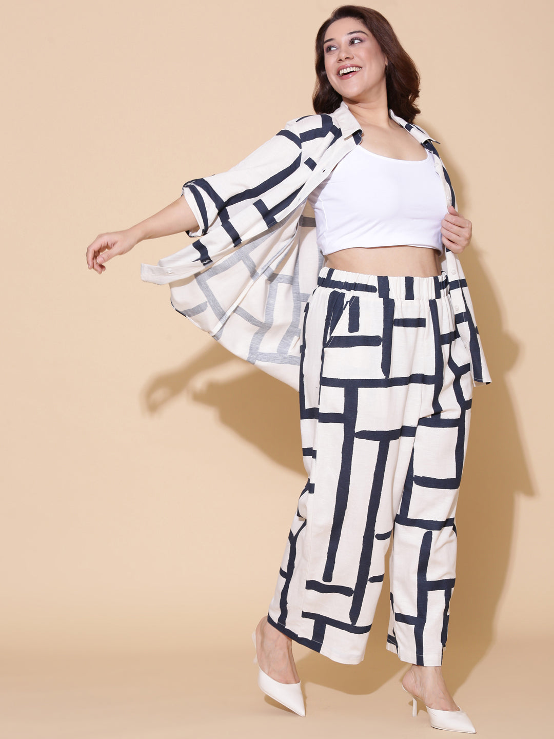 Navy Linen Printed Co-Ord Set (2 Piece)