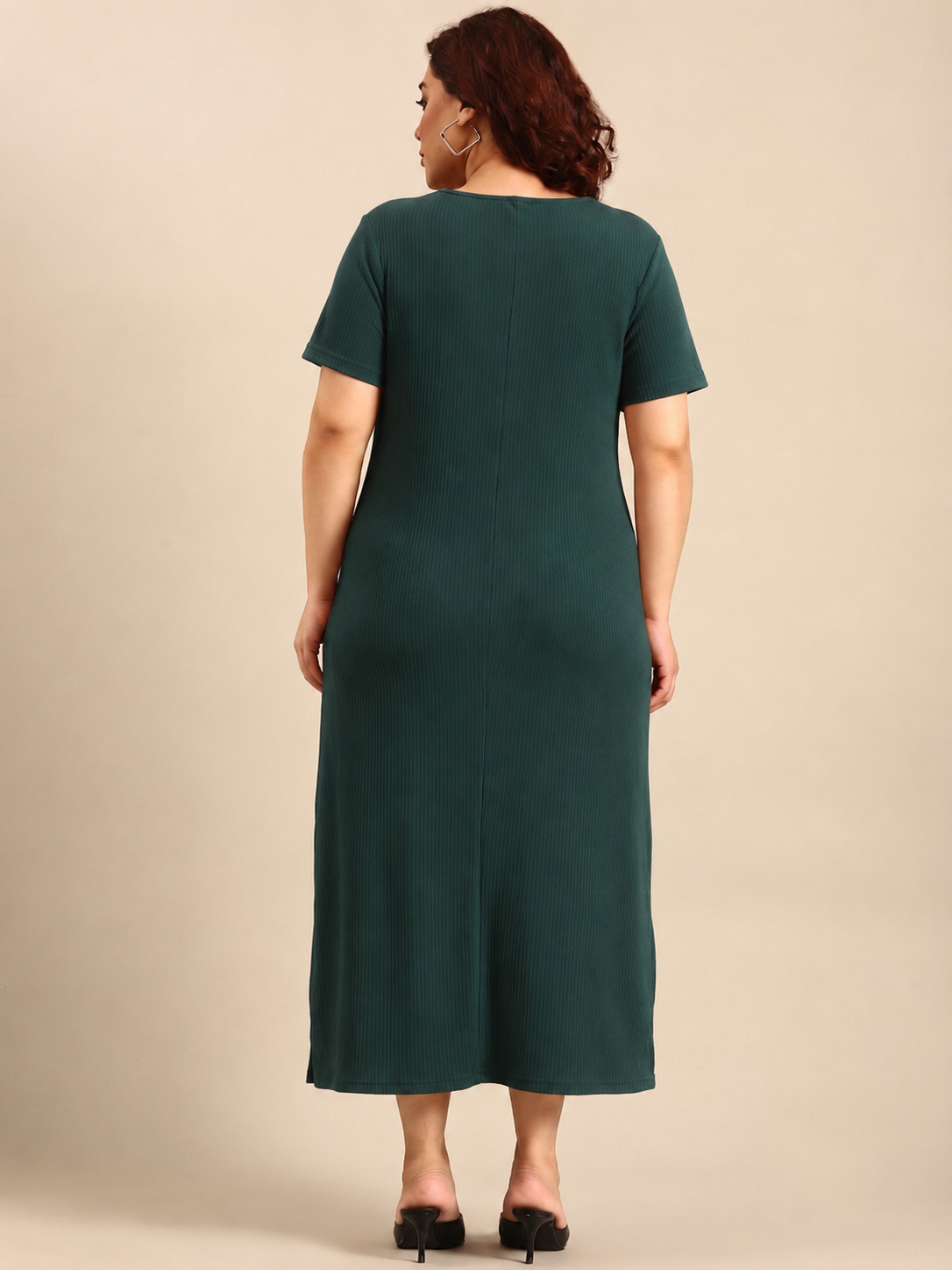 Dark Green Rib Cotton A-Line Dress