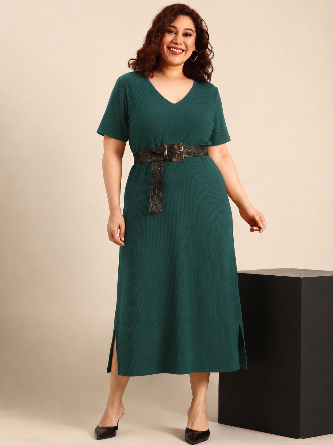 Dark Green Rib Cotton A-Line Dress