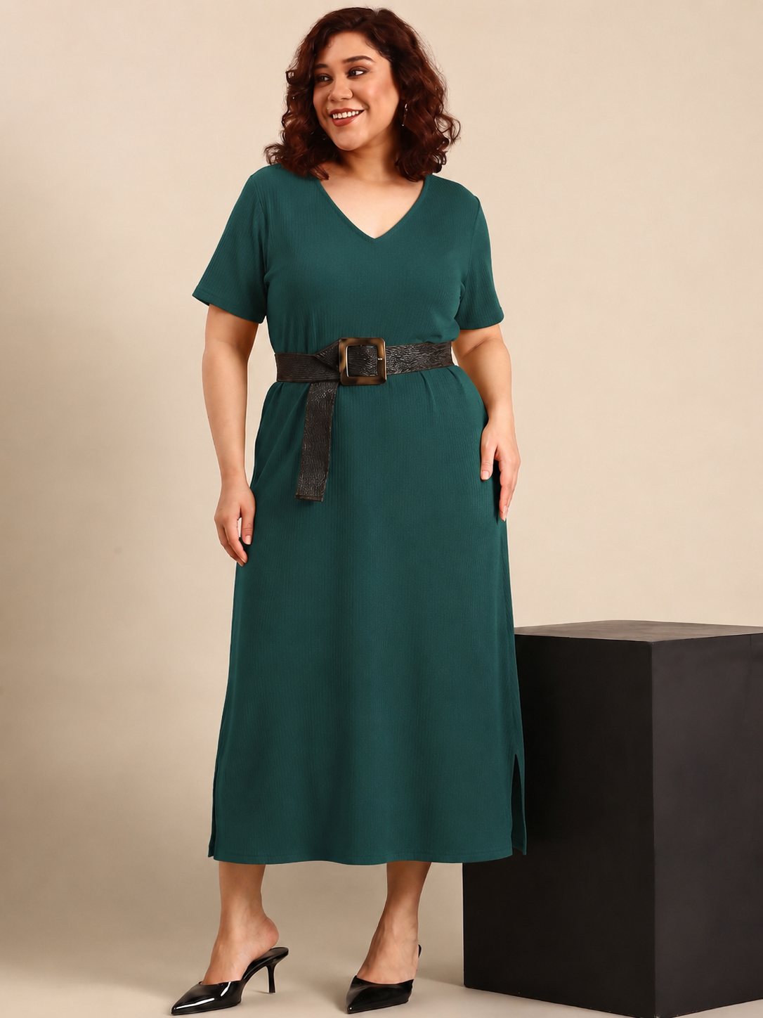 Dark Green Rib Cotton A-Line Dress