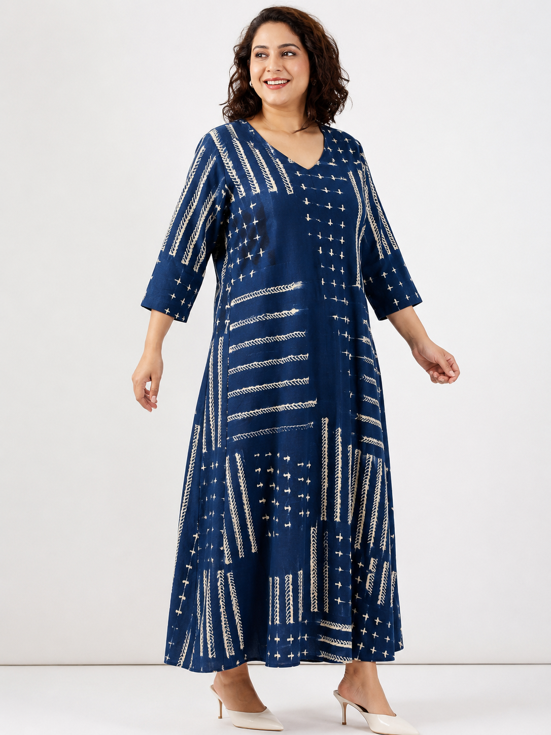 Navy Printed V-Neck Maxi Dress