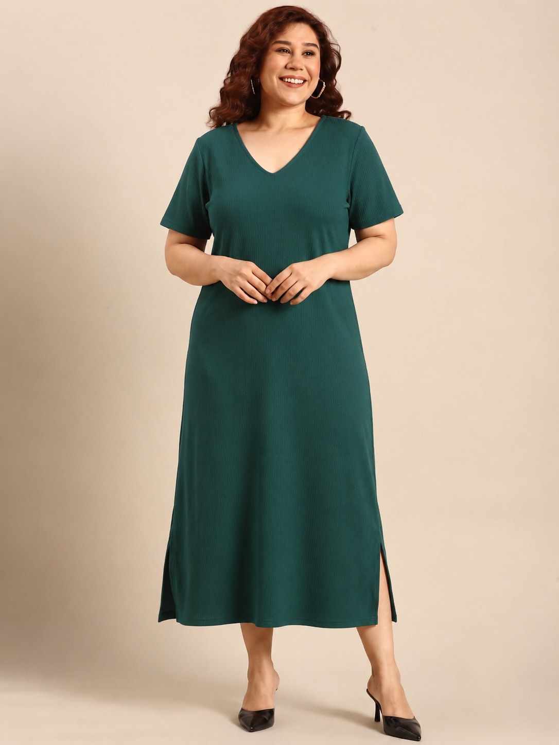 Dark Green Rib Cotton A-Line Dress