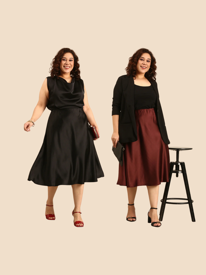 Black And Burgundy Satin Skirt Combo- Pack of 2