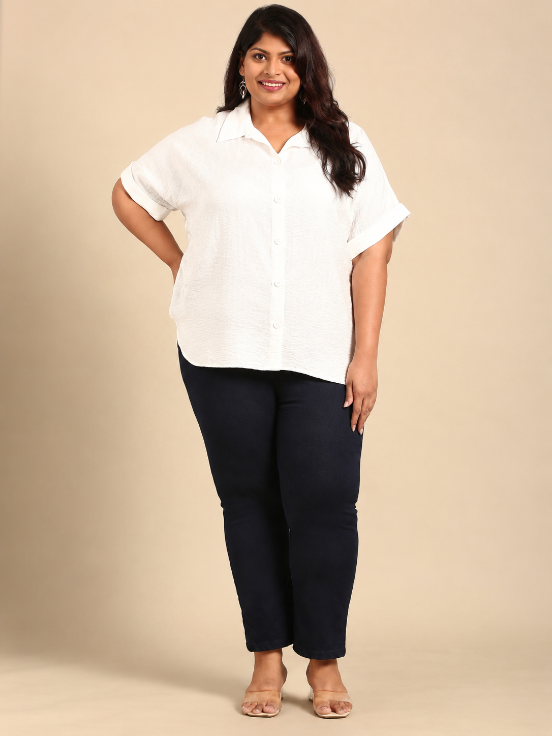 White Textured Drop Shoulder Shirt