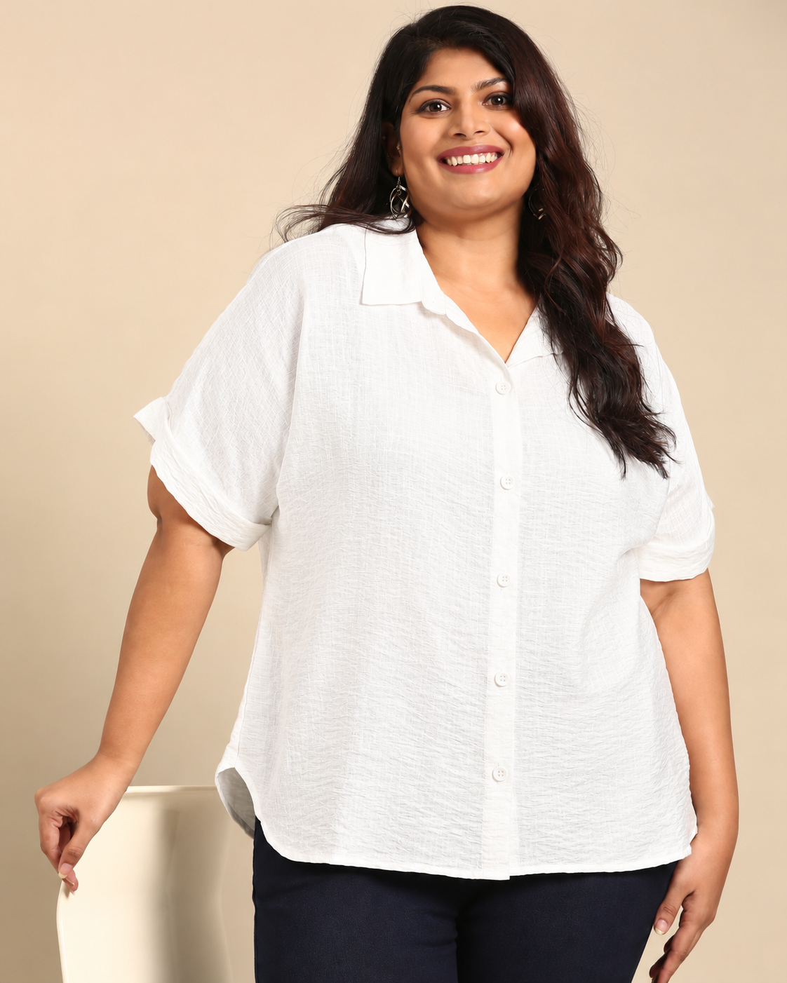 White Textured Drop Shoulder Shirt