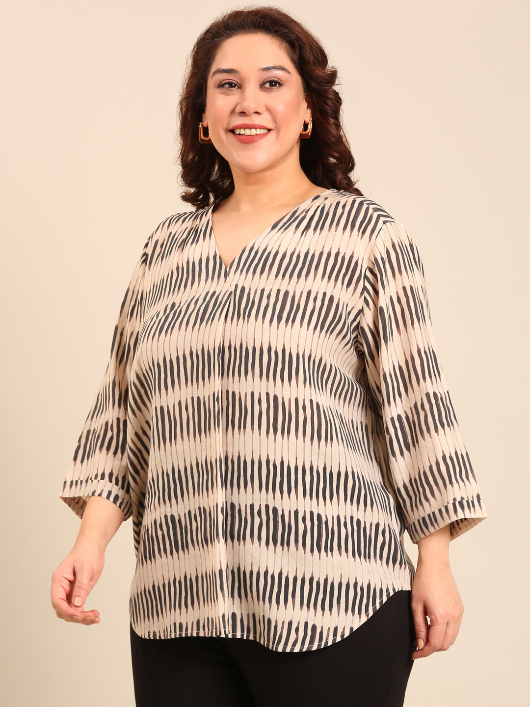 Cotton Abstract Print Front Pleat Top