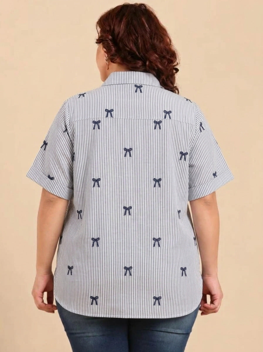 Cotton Striped Shirt with Bow Embroidery