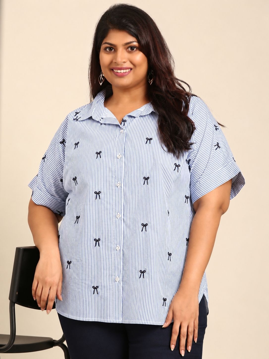 Cotton Striped Shirt with Bow Embroidery