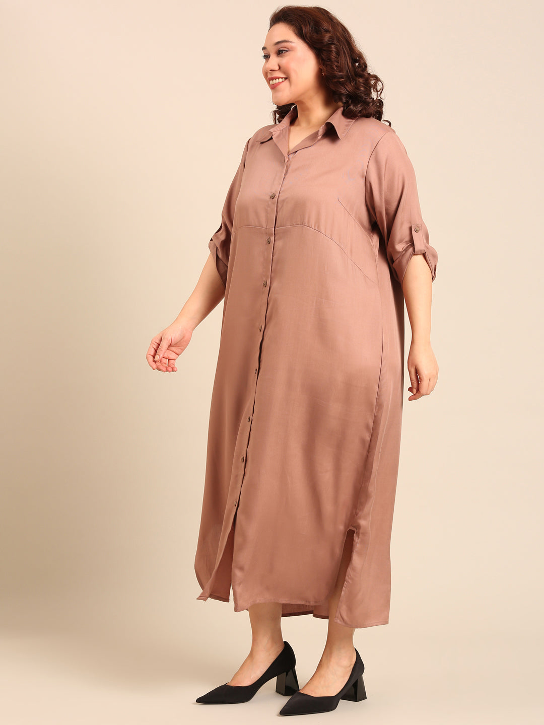 Beige Twill Maxi Shirt Dress