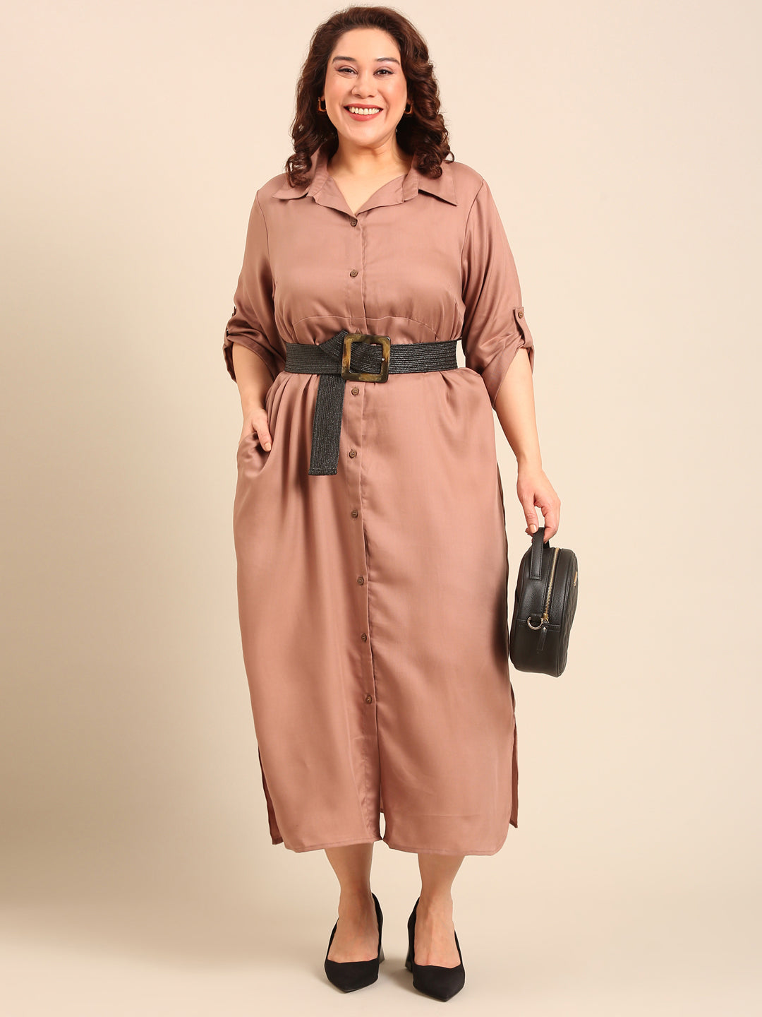 Beige Twill Maxi Shirt Dress With Black Belt Combo