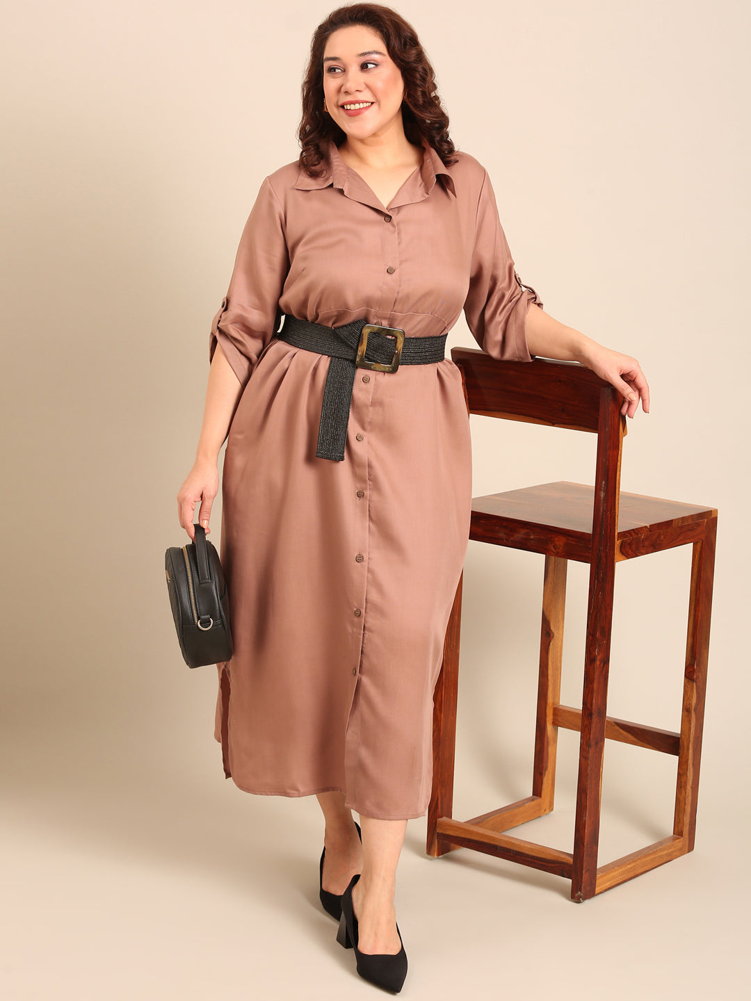Beige Twill Maxi Shirt Dress With Black Belt Combo