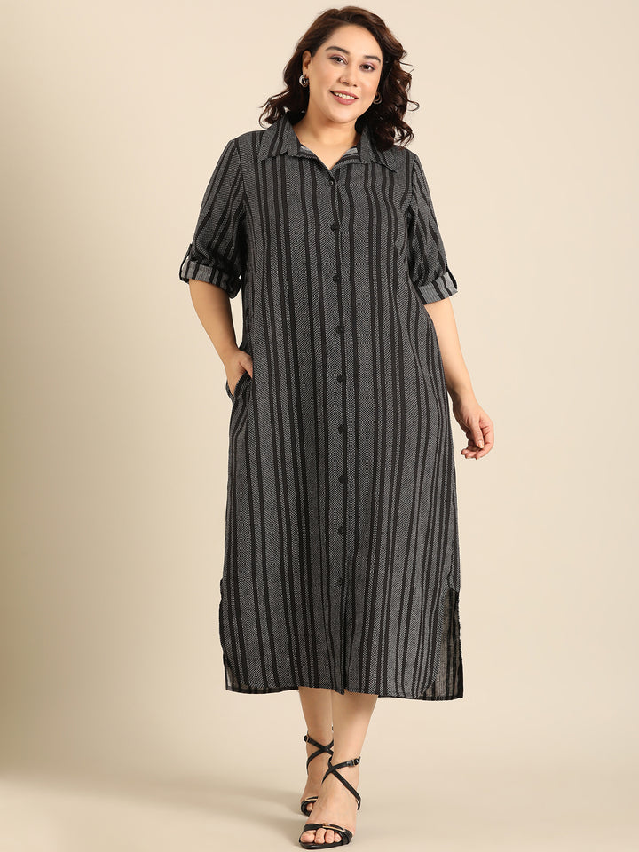 Black Linen Striped Dress