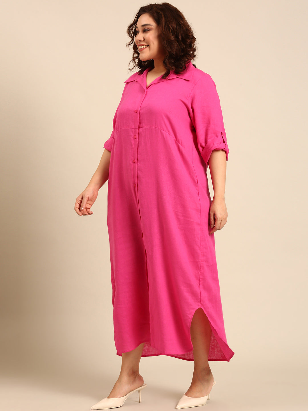 Pink Linen Maxi Shirt Dress