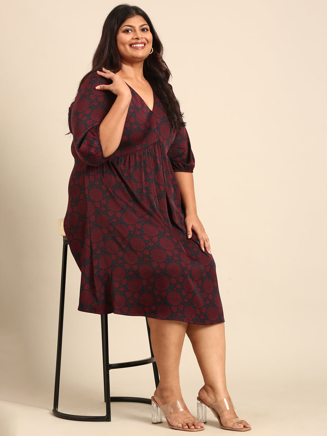 Satin Rose Print Empire Waist Midi Dress