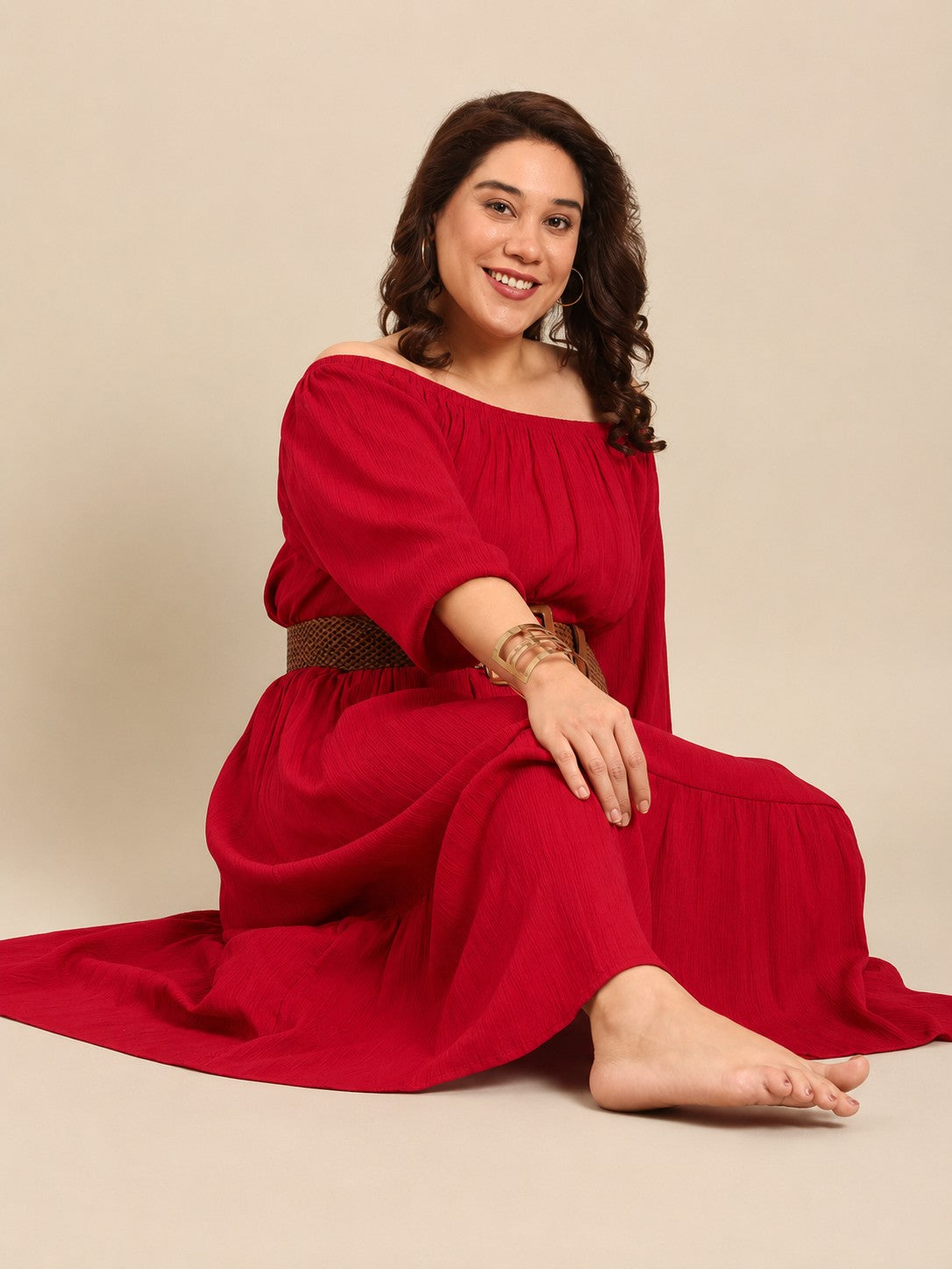Red Crepe Off Shoulder Dress