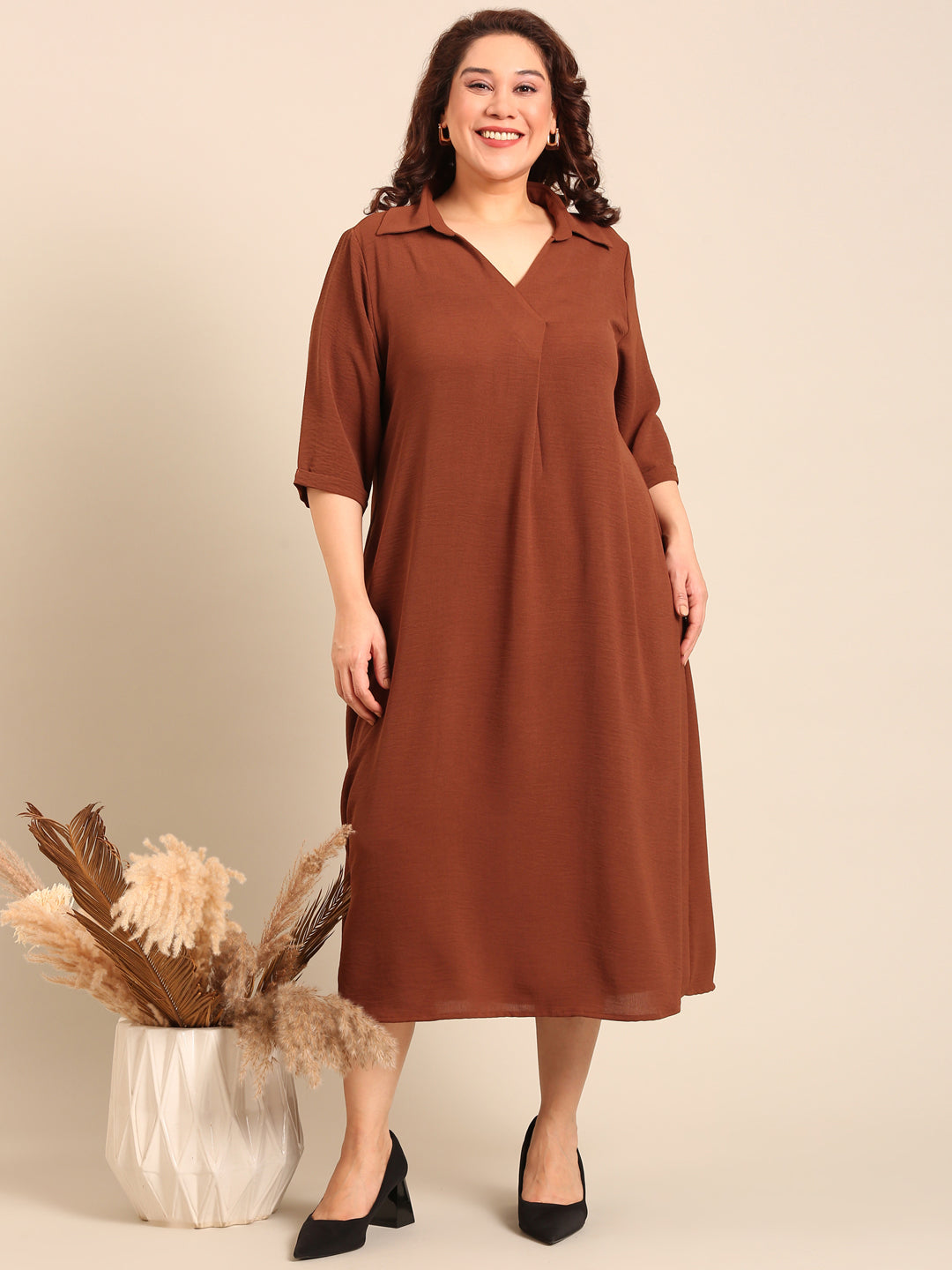 Brown Collar Neck Maxi Dress
