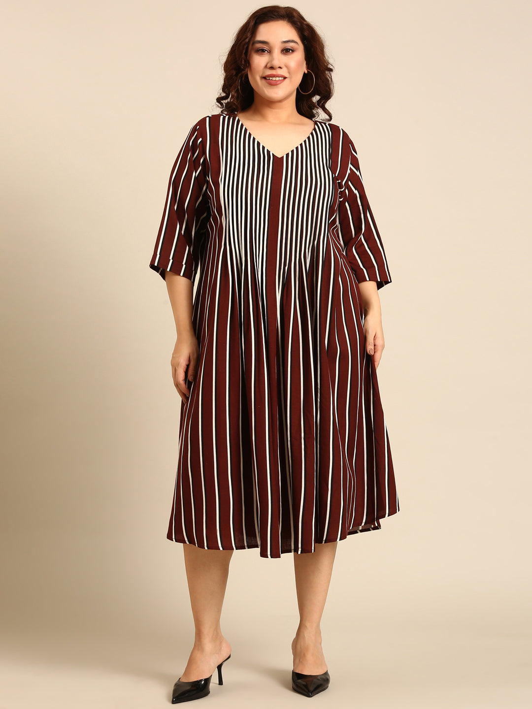Cotton Brown Striped Pintuk Dress