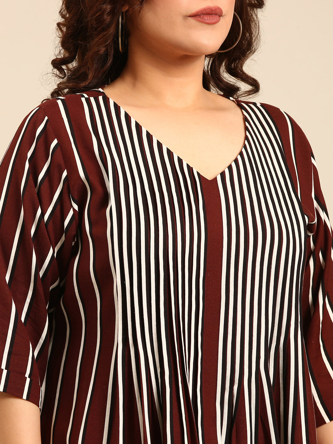 Cotton Brown Striped Pintuk Dress