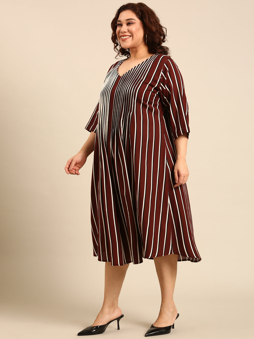 Cotton Brown Striped Pintuk Dress