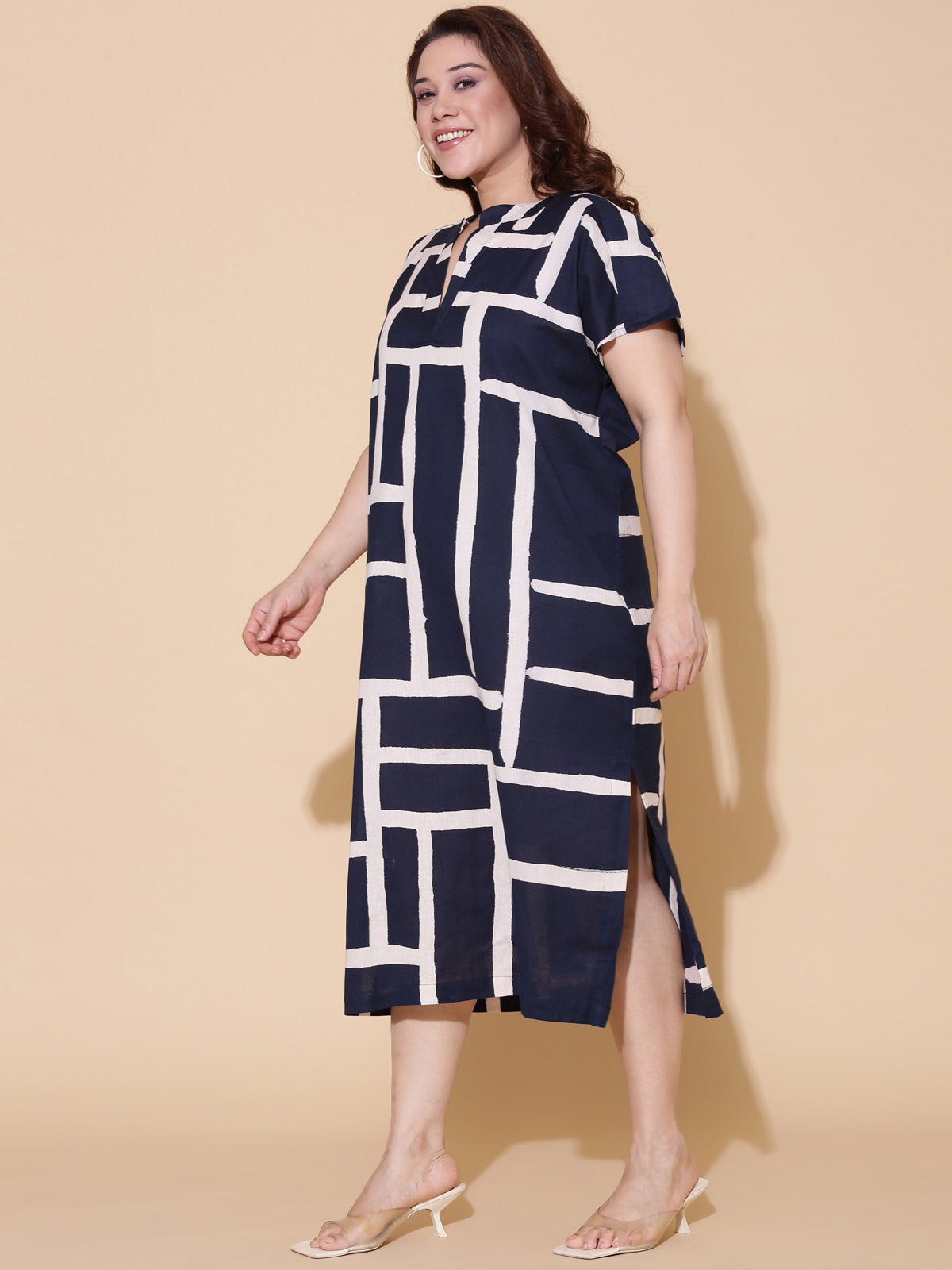 Navy Linen Printed Maxi Dress