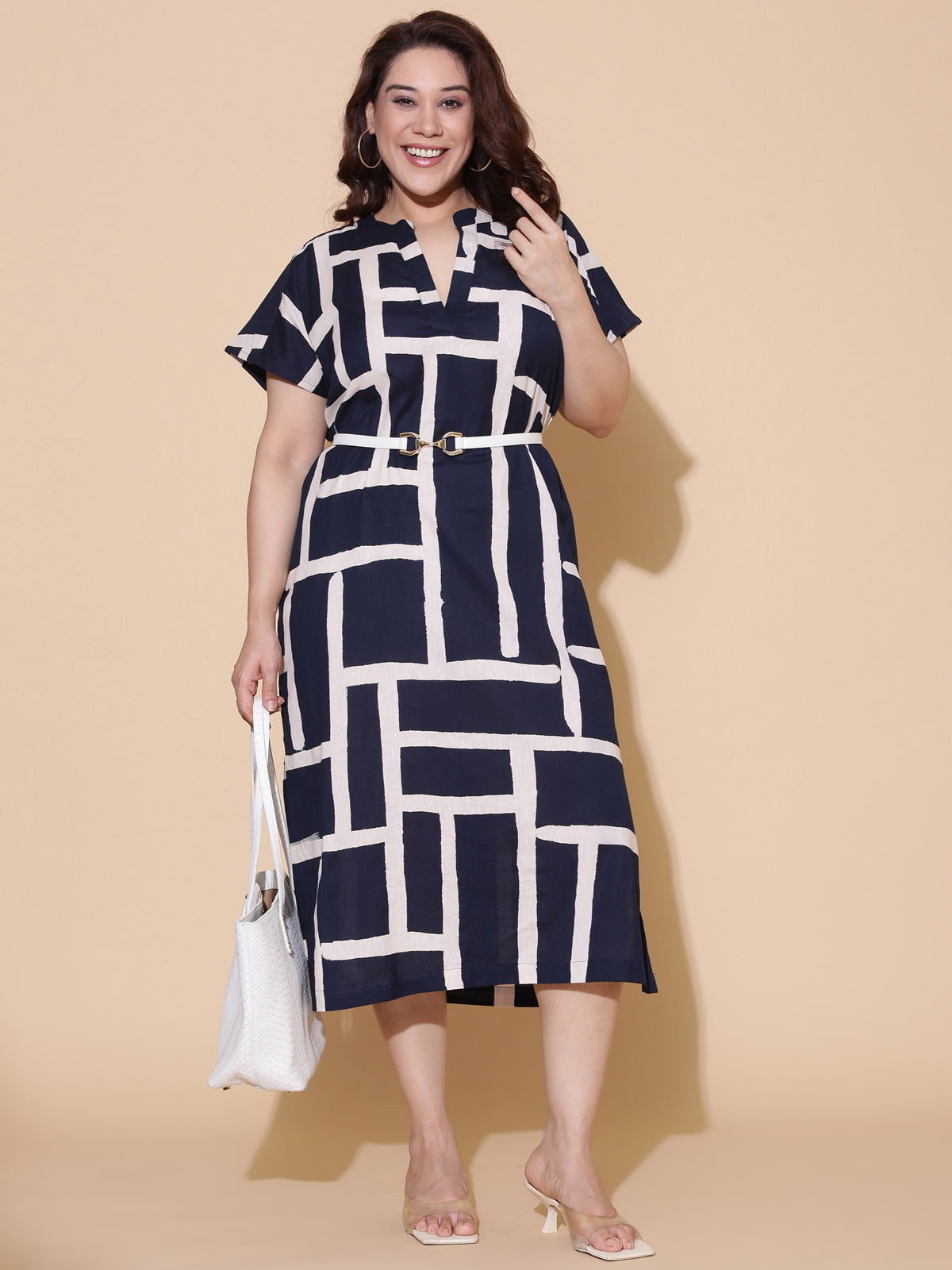 Navy Linen Printed Maxi Dress