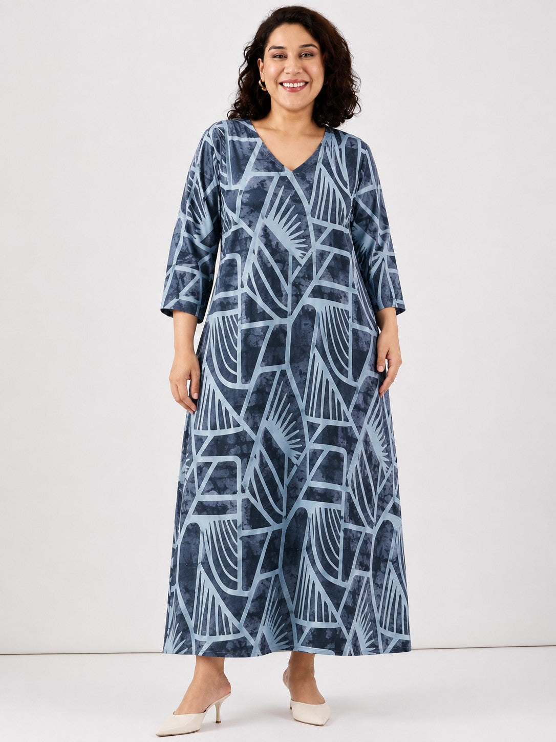Indigo Geometric Printed V-Neck Maxi Dress