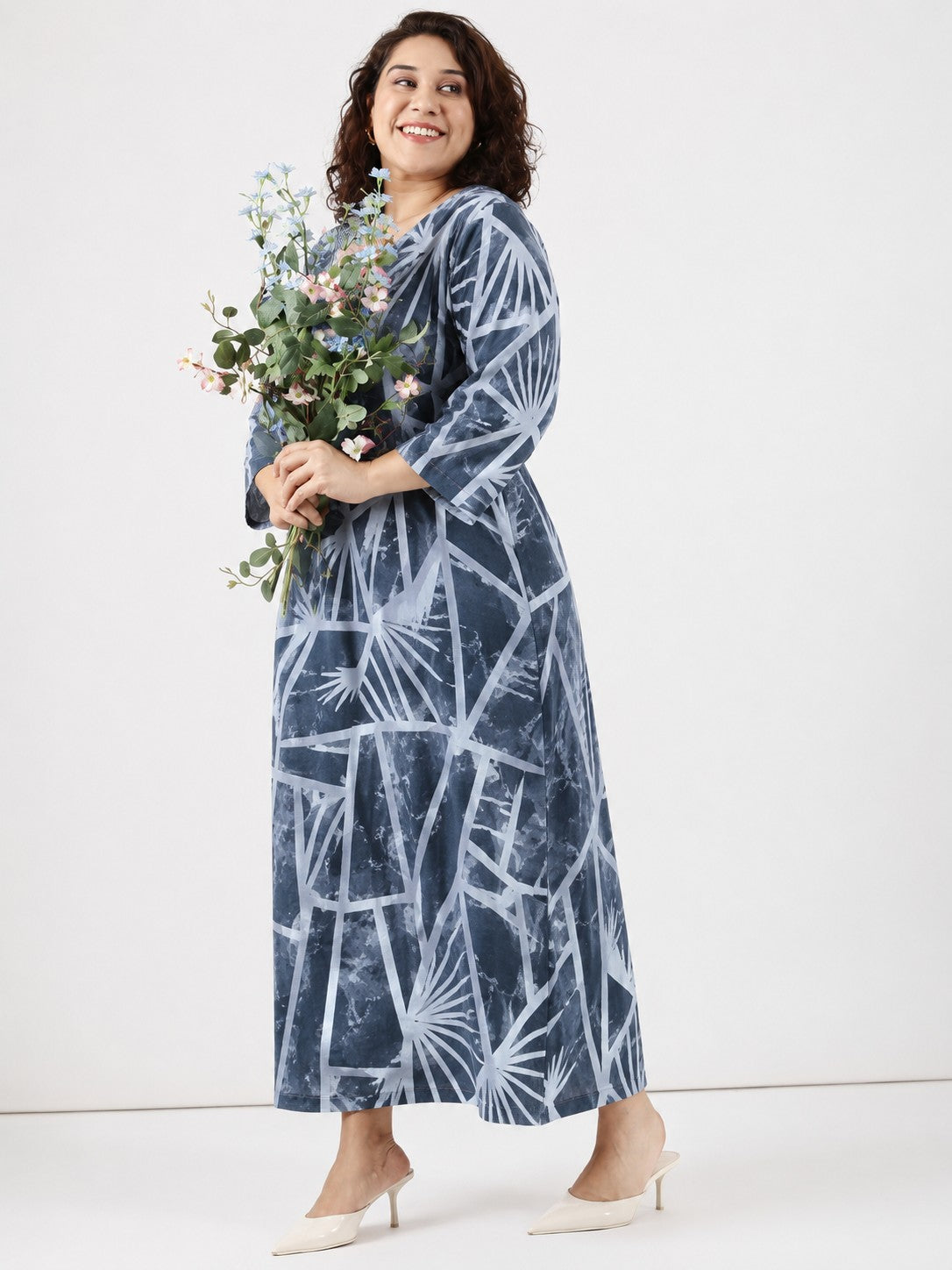 Indigo Geometric Printed V-Neck Maxi Dress