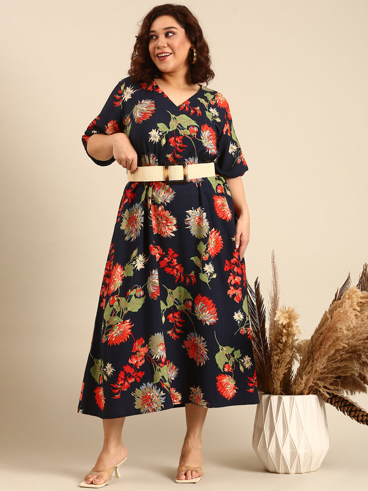 Navy Cambric Printed Dress