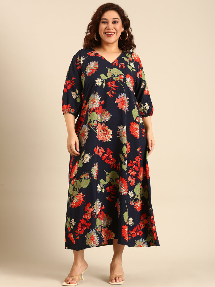 Navy Cambric Printed Dress